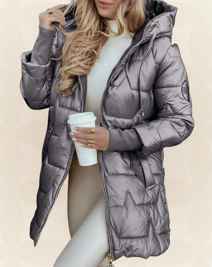 Close-up of the hood detail on a grey Kiera hooded winter jacket.