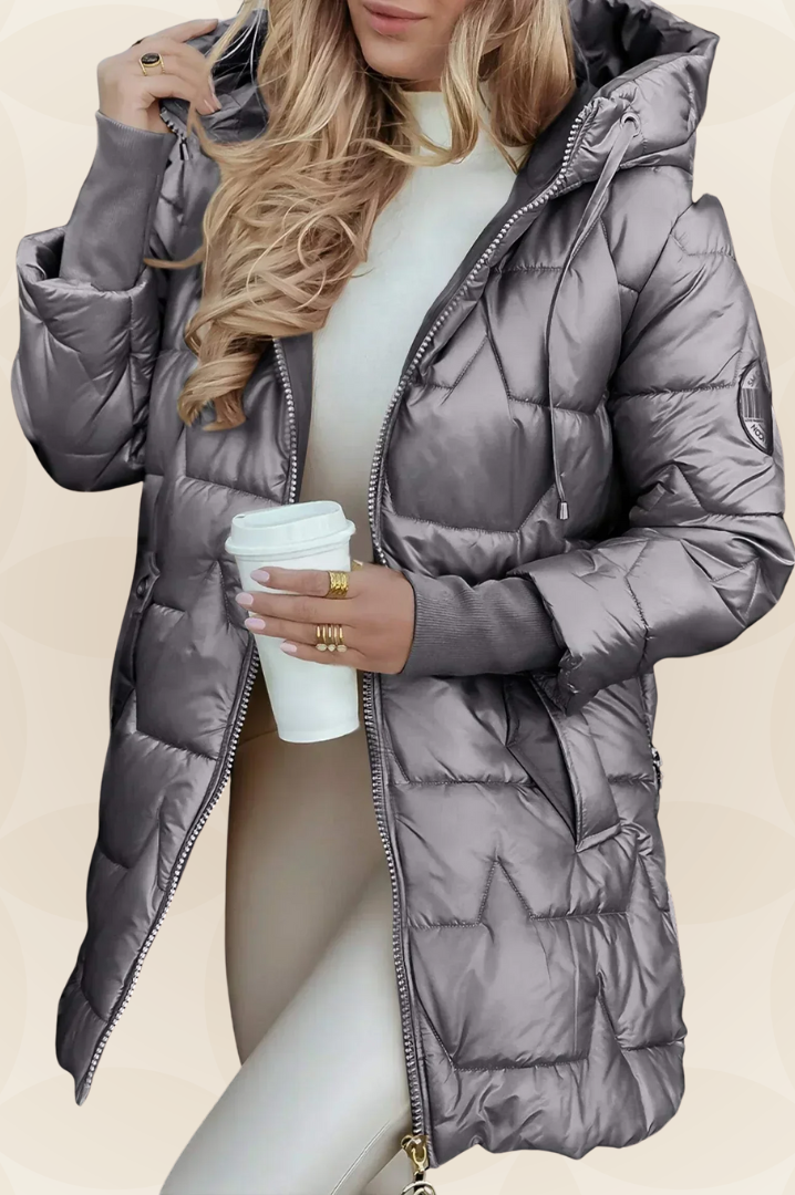 Close-up of the hood detail on a grey Kiera hooded winter jacket.
