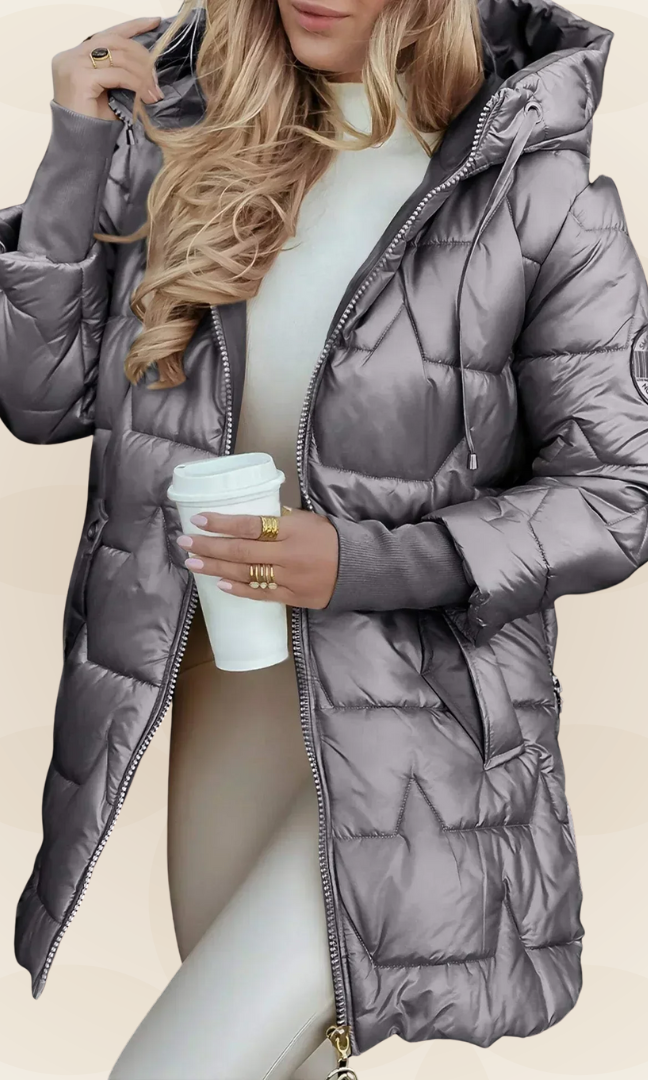 Close-up of the hood detail on a grey Kiera hooded winter jacket.