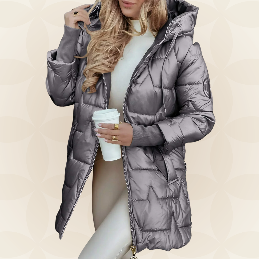 Close-up of the hood detail on a grey Kiera hooded winter jacket.