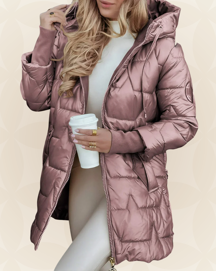 Back view of a pink Kiera hooded winter jacket illustrating its length.