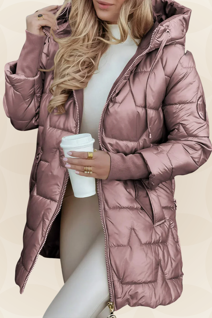 Back view of a pink Kiera hooded winter jacket illustrating its length.