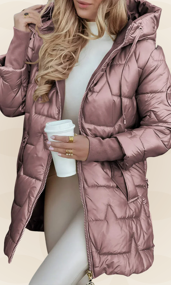 Back view of a pink Kiera hooded winter jacket illustrating its length.