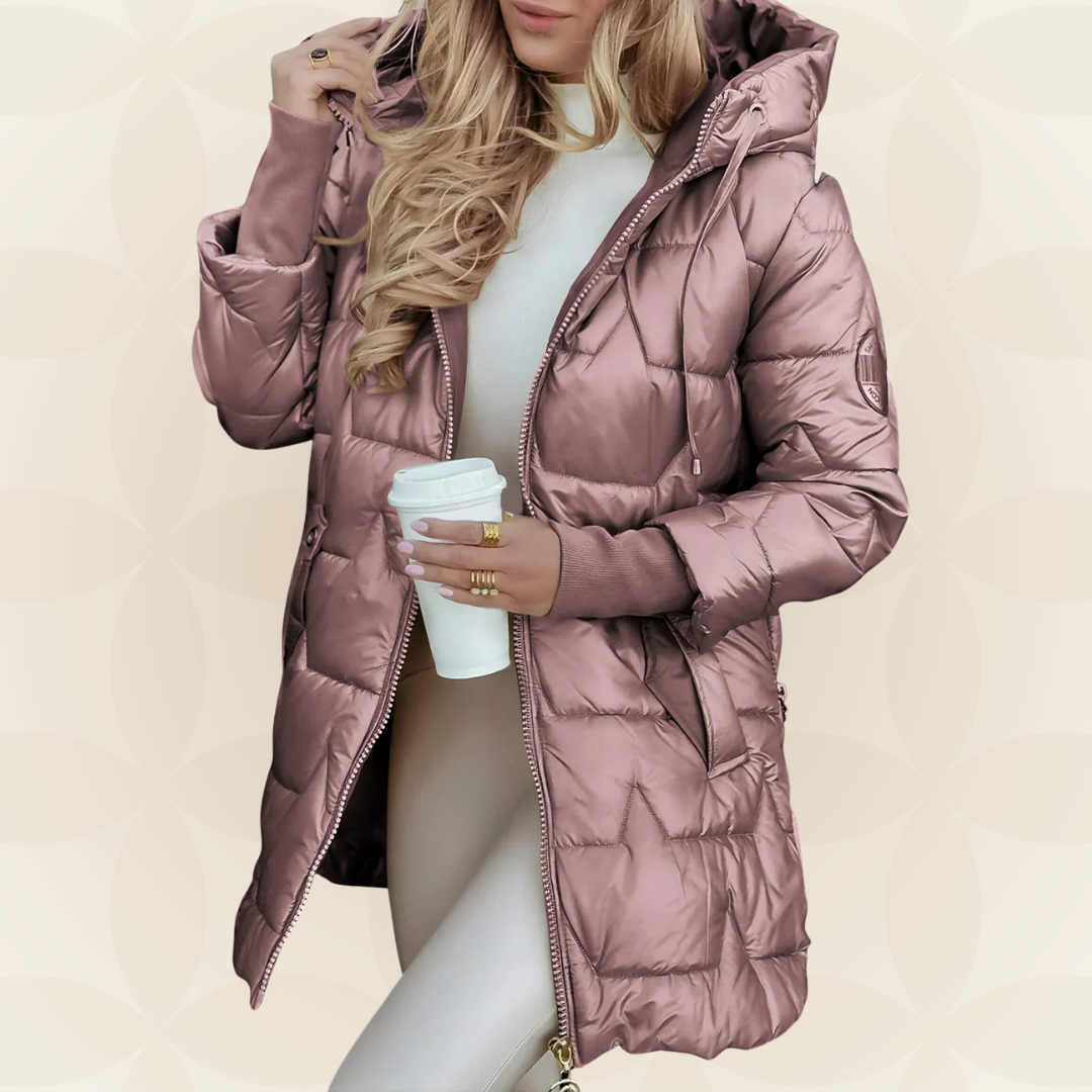 Back view of a pink Kiera hooded winter jacket illustrating its length.