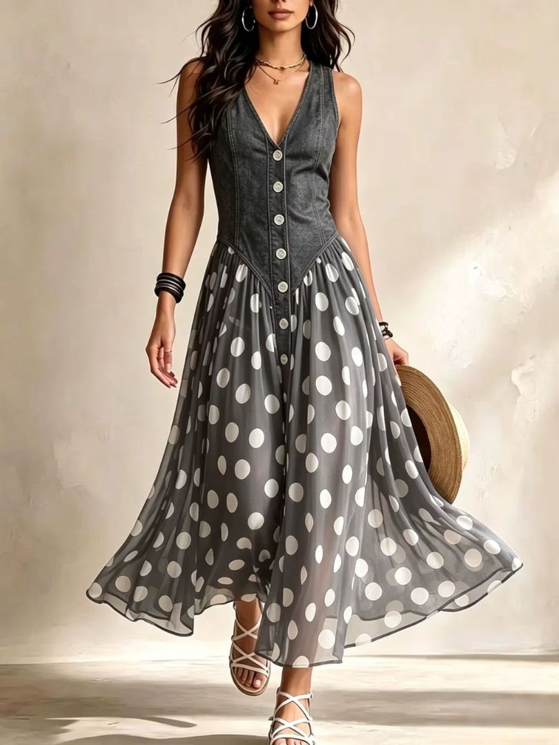 Back view of the Kiera dress, illustrating the comfortable fit and the elegant drape of the denim and chiffon.
