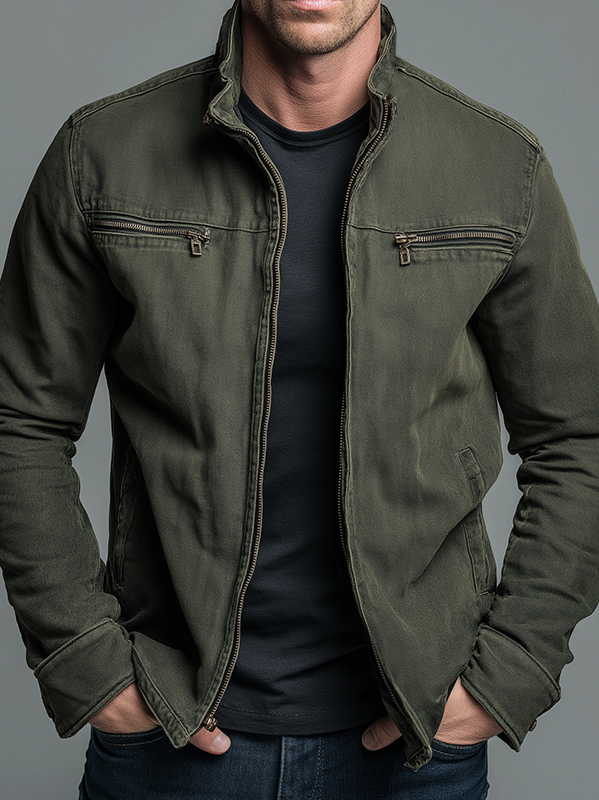 Front view of the Lars rugged thermal jacket in green, showcasing its sturdy fabric and classic design.