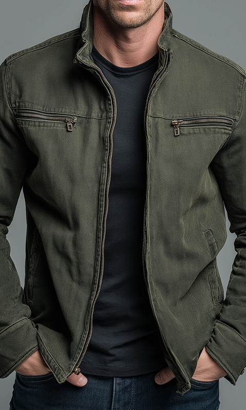 Front view of the Lars rugged thermal jacket in green, showcasing its sturdy fabric and classic design.