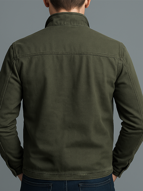 Close-up detail of the Lars rugged thermal jacket's collar and durable stitching, highlighting material texture.