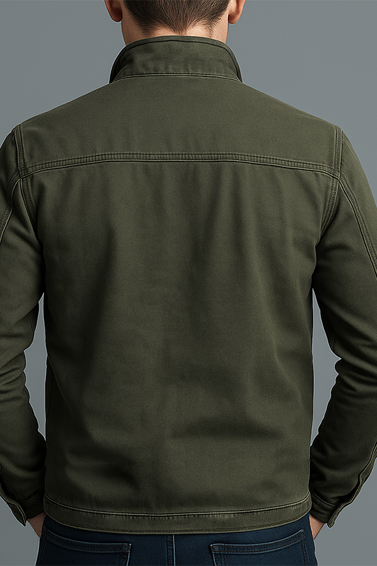 Close-up detail of the Lars rugged thermal jacket's collar and durable stitching, highlighting material texture.