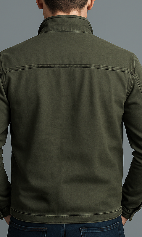 Close-up detail of the Lars rugged thermal jacket's collar and durable stitching, highlighting material texture.