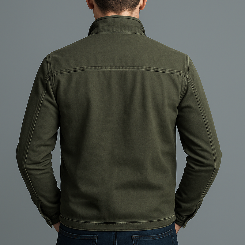 Close-up detail of the Lars rugged thermal jacket's collar and durable stitching, highlighting material texture.