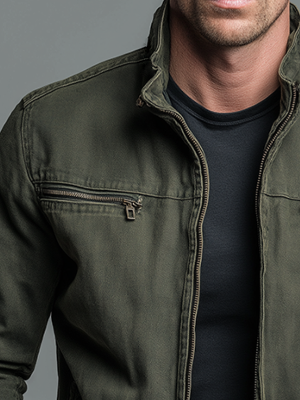 Man wearing the green Lars rugged thermal jacket outdoors, paired with jeans, demonstrating a casual, confident style.