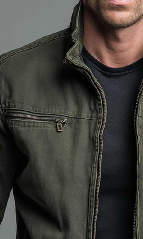 Man wearing the green Lars rugged thermal jacket outdoors, paired with jeans, demonstrating a casual, confident style.