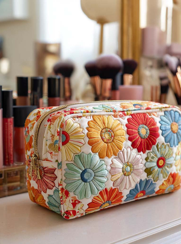 Lila quilted cosmetic bag in brilliant petals print, showcasing its textured fabric and vibrant floral design on a neutral background.