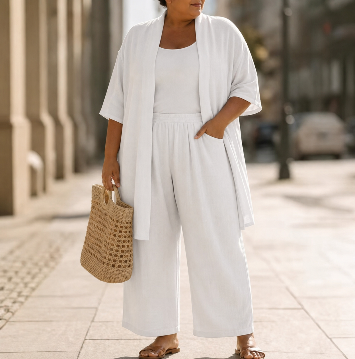 Side profile of a model wearing the Lila relaxed three-piece set in blue, illustrating the flowing silhouette of the wide-leg trousers.