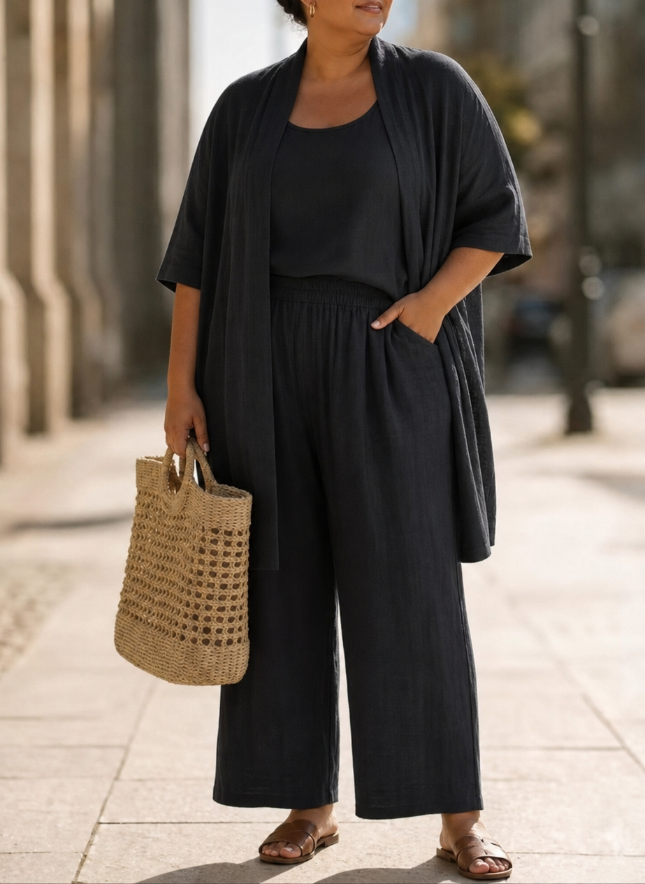 Rear view of the Lila relaxed three-piece set in white, showing the elegant drape of the long vest and comfortable fit.