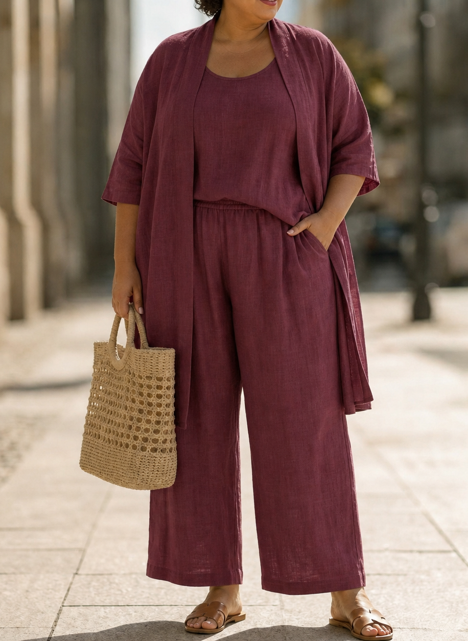 Lifestyle shot of a woman wearing the Lila relaxed three-piece set in black, styled with accessories for a chic urban look.