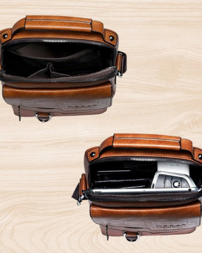 Caleb shoulder bag in dark brown, styled with a blazer, highlighting its refined and polished appearance.
