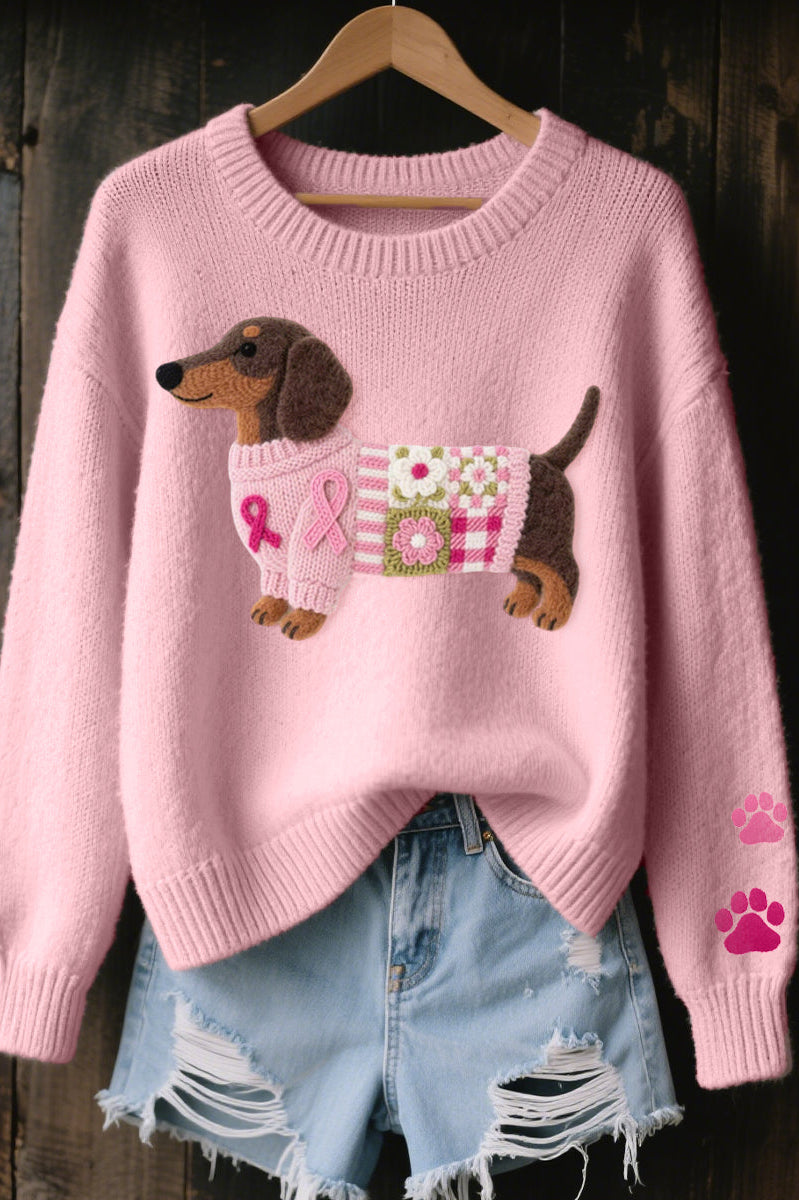 Close-up of a women's Maeve T-shirt in pink, showing the detailed dachshund felt pattern with a small bow.