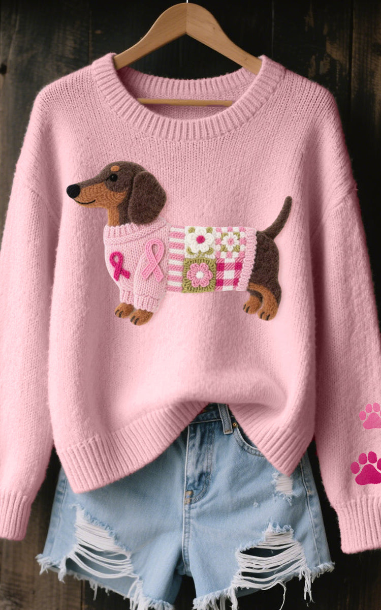 Close-up of a women's Maeve T-shirt in pink, showing the detailed dachshund felt pattern with a small bow.