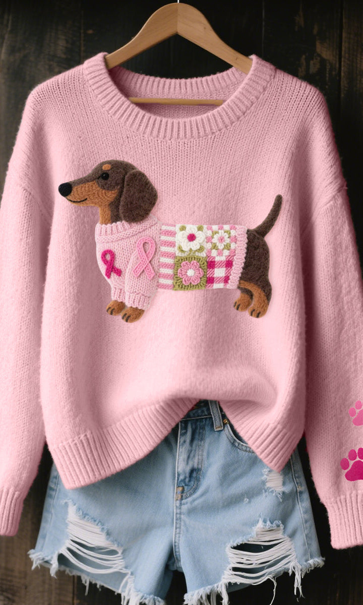 Close-up of a women's Maeve T-shirt in pink, showing the detailed dachshund felt pattern with a small bow.