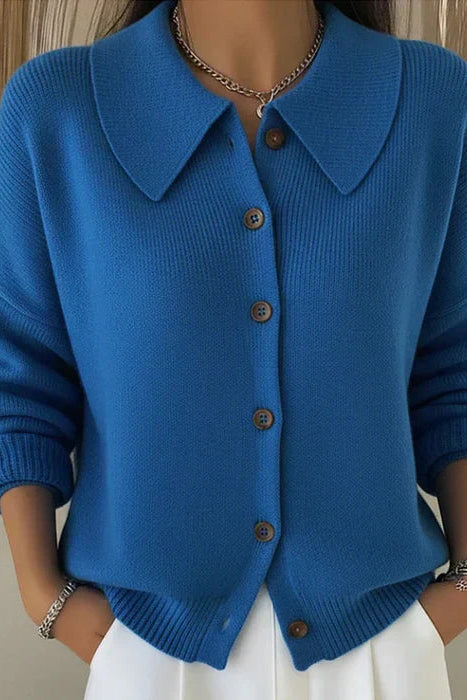 Front view of the Maeve classic button-up cardigan in blue, showcasing its loose fit and smooth knit.