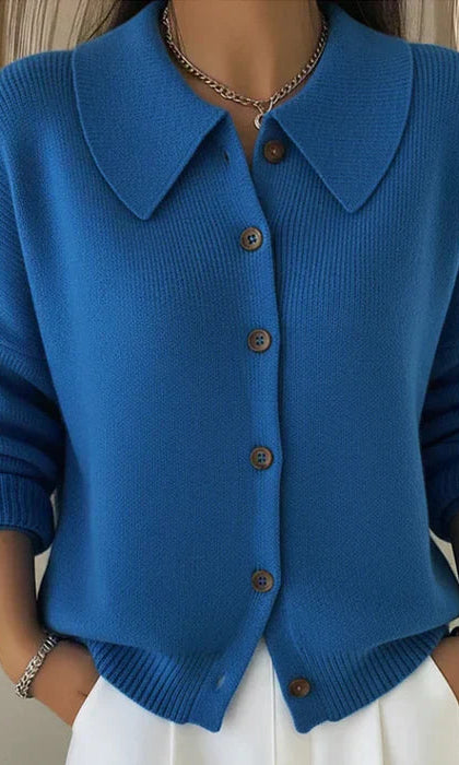 Front view of the Maeve classic button-up cardigan in blue, showcasing its loose fit and smooth knit.