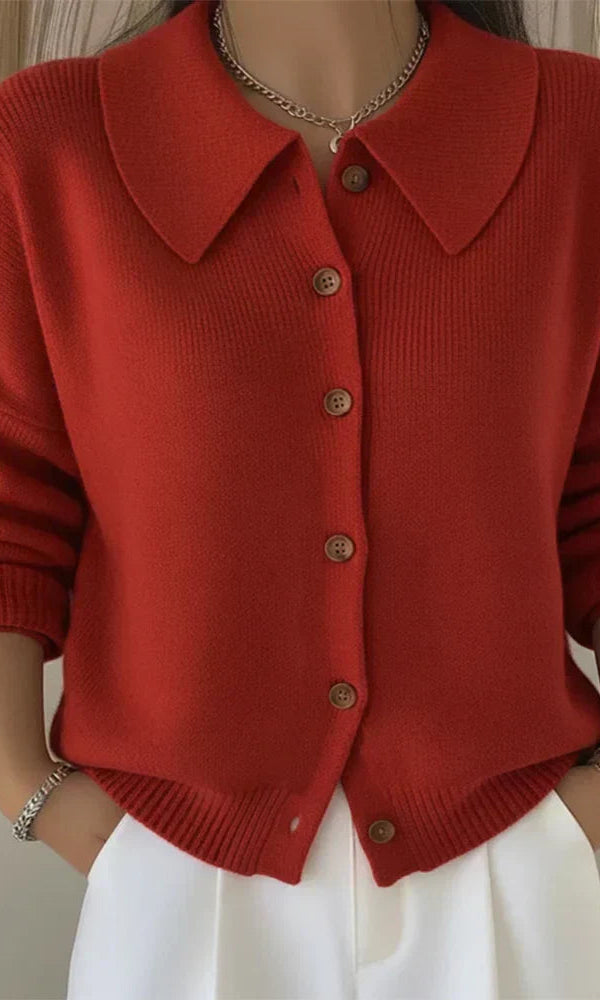 Side profile of the Maeve classic button-up cardigan, highlighting the relaxed drape and button details.
