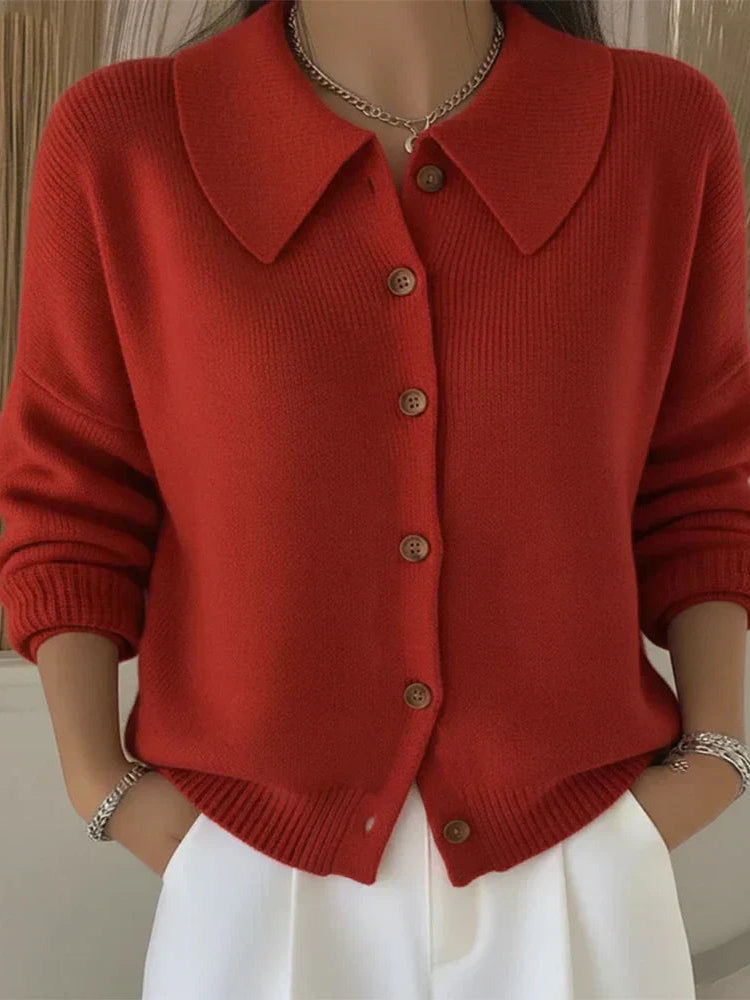 Side profile of the Maeve classic button-up cardigan, highlighting the relaxed drape and button details.