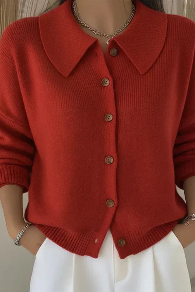Side profile of the Maeve classic button-up cardigan, highlighting the relaxed drape and button details.