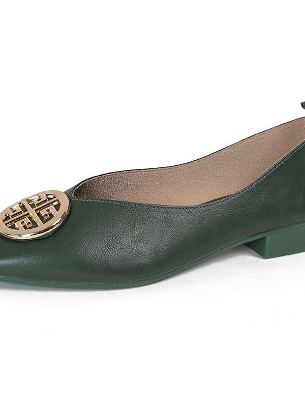 Stacked arrangement of multiple colored square-toe flats in black, brown, green, beige, and red, showing color options.