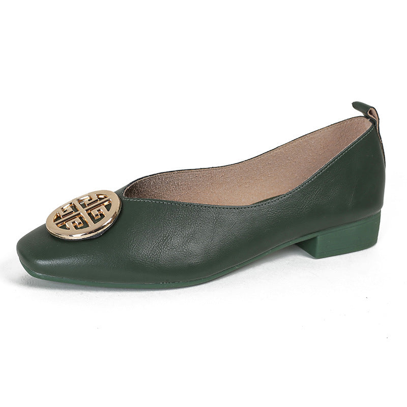 Stacked arrangement of multiple colored square-toe flats in black, brown, green, beige, and red, showing color options.