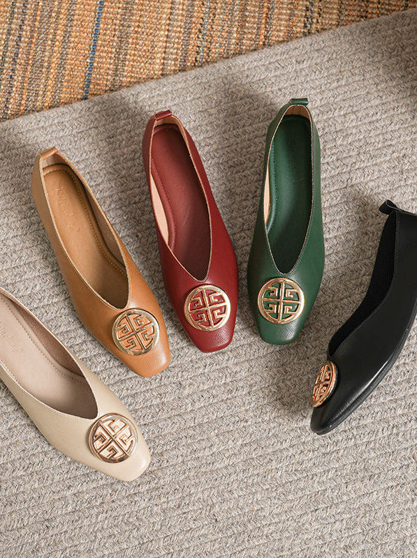 Interior view of a brown square-toe flat, revealing the soft microfiber lining and comfortable faux-leather insole.