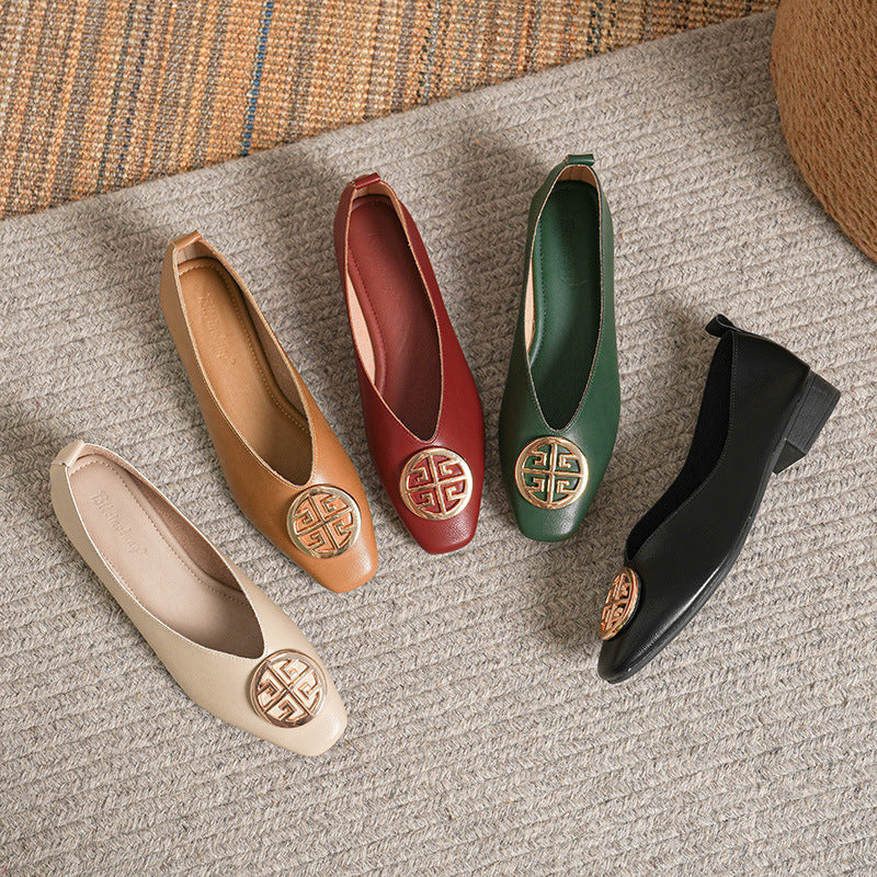 Interior view of a brown square-toe flat, revealing the soft microfiber lining and comfortable faux-leather insole.