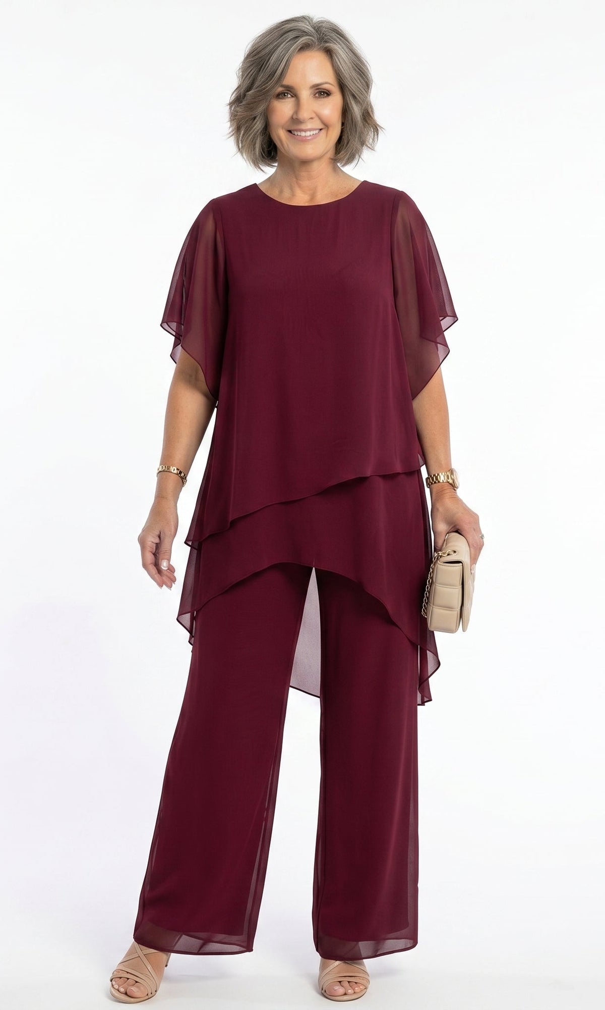 Side profile of a model in a teal blouse, demonstrating the relaxed fit and comfortable silhouette for versatile wear.