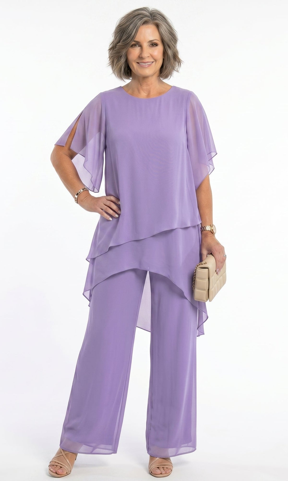 Detail of the short, floaty sleeves on a navy blouse, designed for unrestricted movement and gentle coverage.