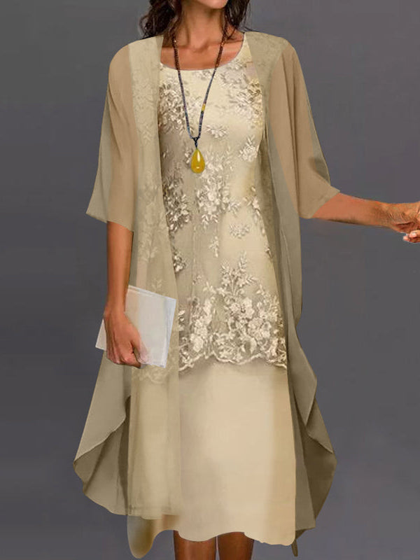 Back view of the Noelle elegant chiffon dress in lilac, showing the layered design and comfortable fit.