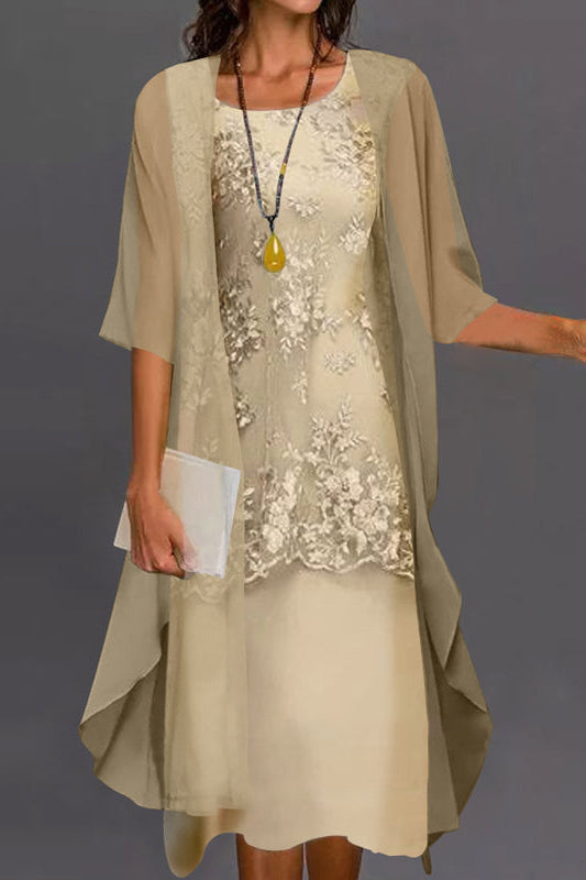 Back view of the Noelle elegant chiffon dress in lilac, showing the layered design and comfortable fit.