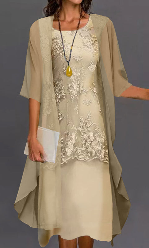 Back view of the Noelle elegant chiffon dress in lilac, showing the layered design and comfortable fit.