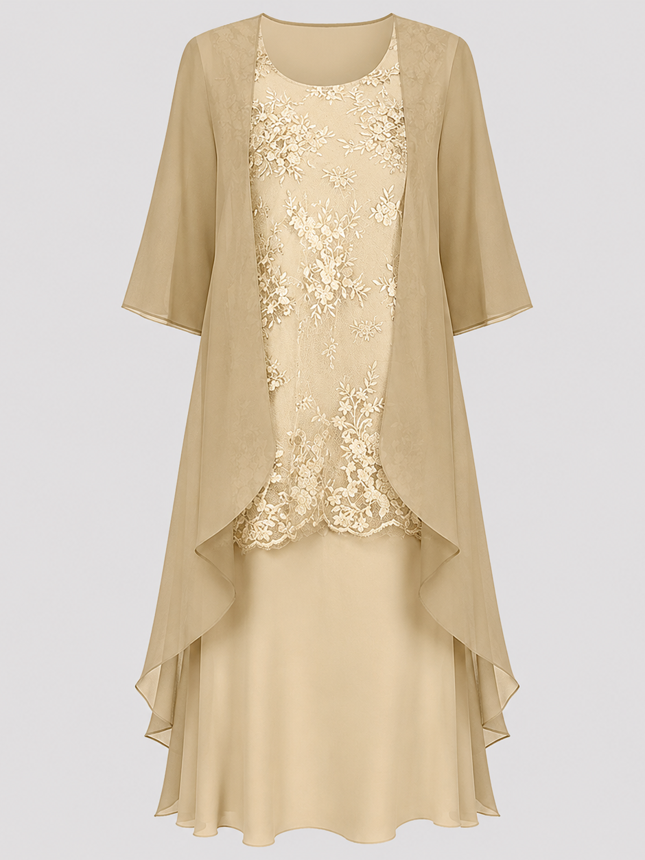 Detailed shot of the 3/4 sleeves and round neckline of the Noelle chiffon dress, emphasizing its refined style.