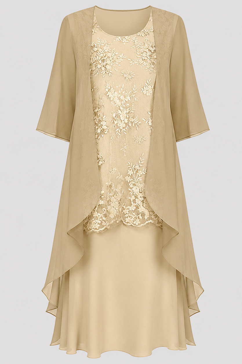 Detailed shot of the 3/4 sleeves and round neckline of the Noelle chiffon dress, emphasizing its refined style.