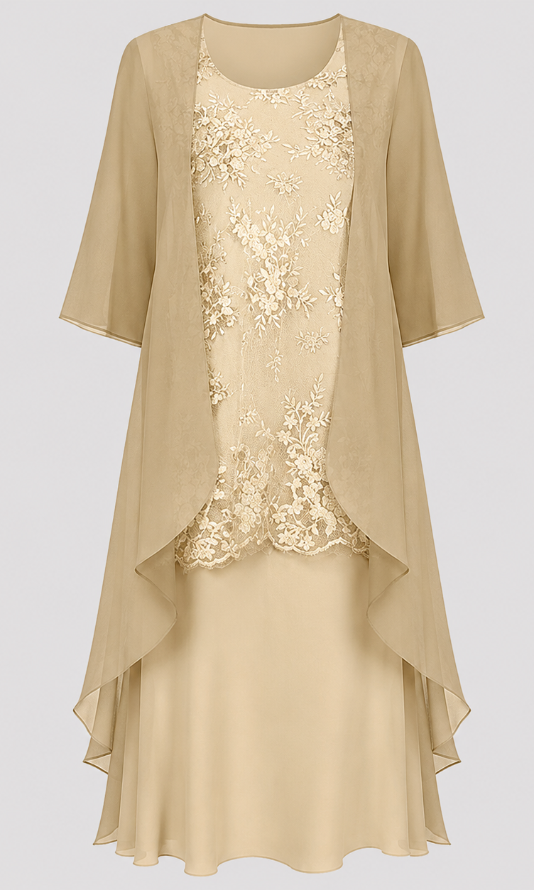 Detailed shot of the 3/4 sleeves and round neckline of the Noelle chiffon dress, emphasizing its refined style.