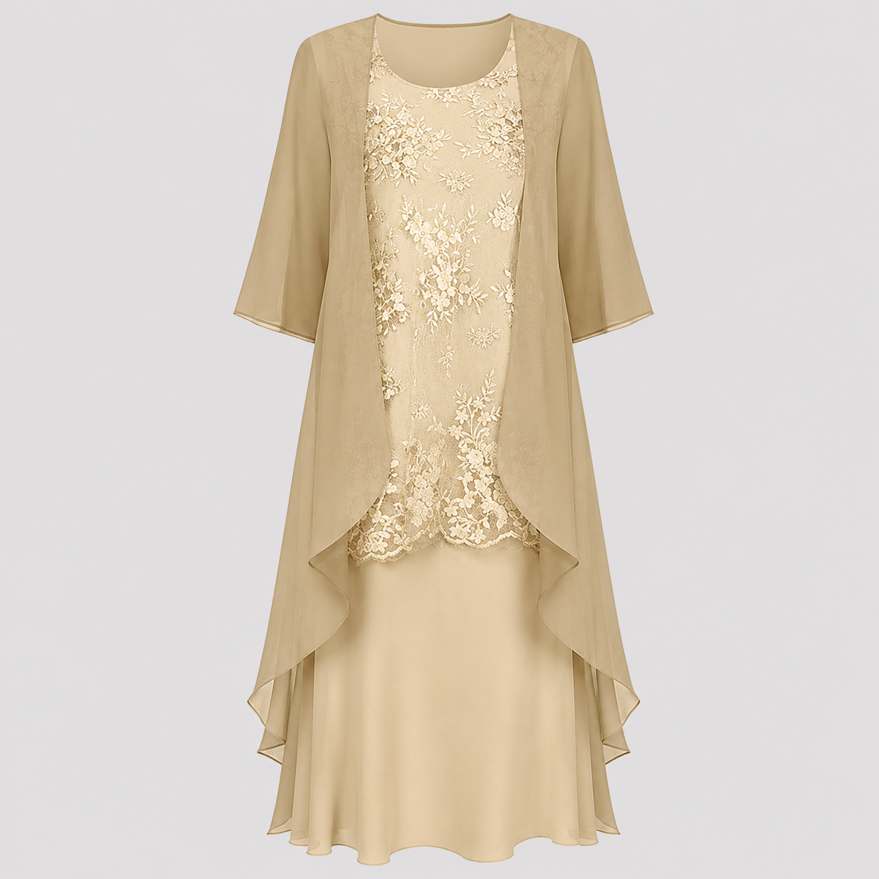 Detailed shot of the 3/4 sleeves and round neckline of the Noelle chiffon dress, emphasizing its refined style.