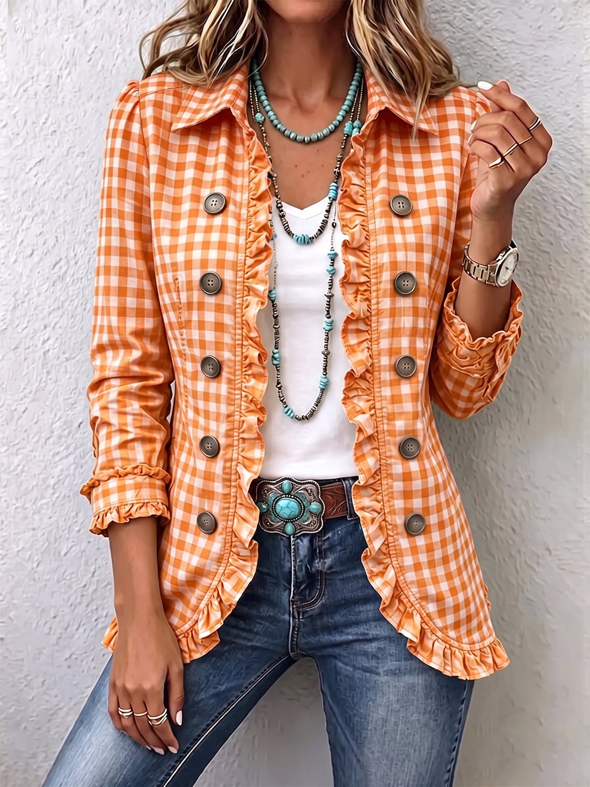 Henrietta | Gingham Ruffle Button-Up Jacket