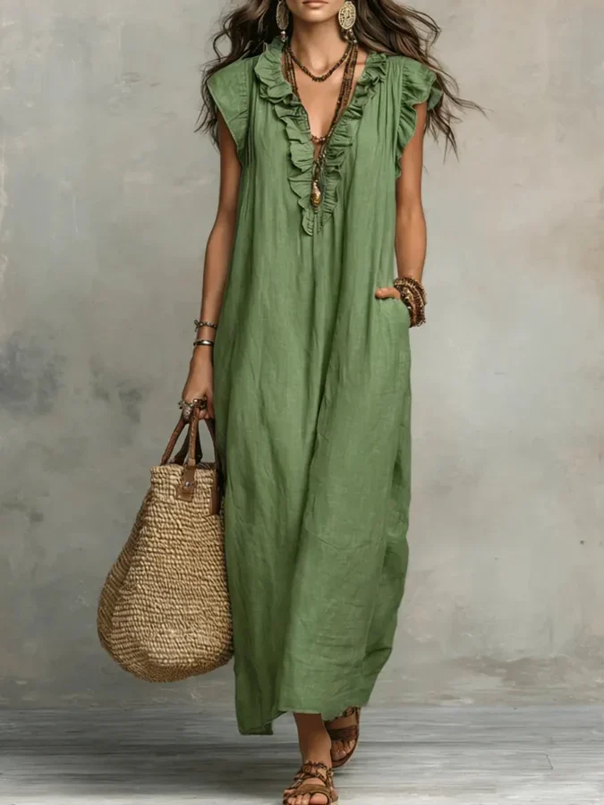 Side profile of the flowing silhouette of the bohemian long maxi dress, showcasing its graceful movement.