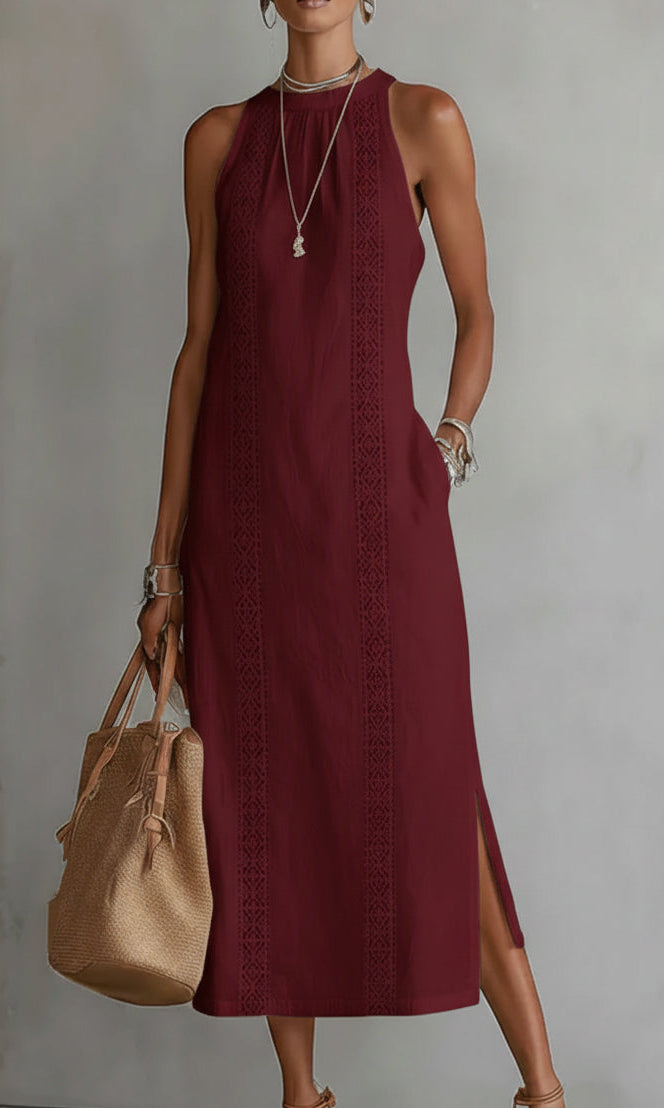 Detailed view of the practical side pockets on the Eleni midi dress, showing their integration into the design.