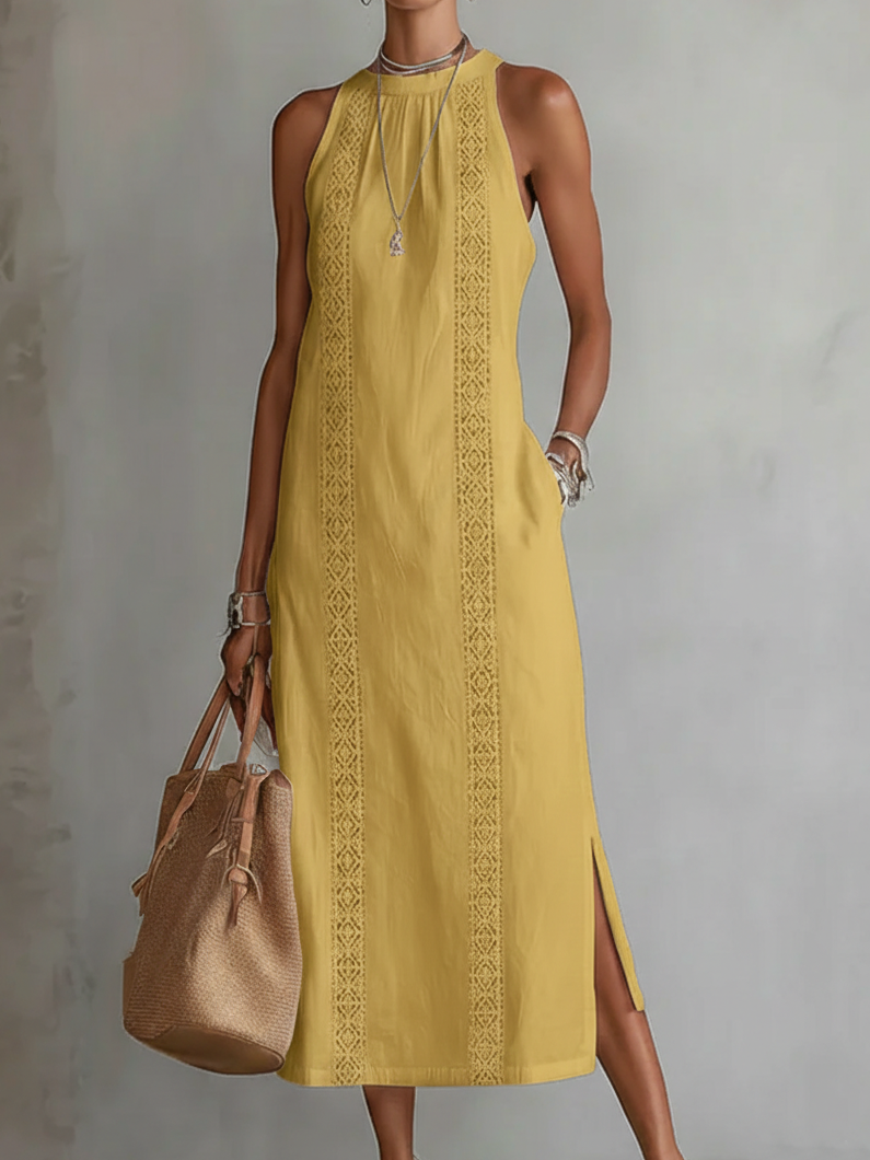 A hanger shot of the black midi dress, presenting the garment's texture and flow without a model.