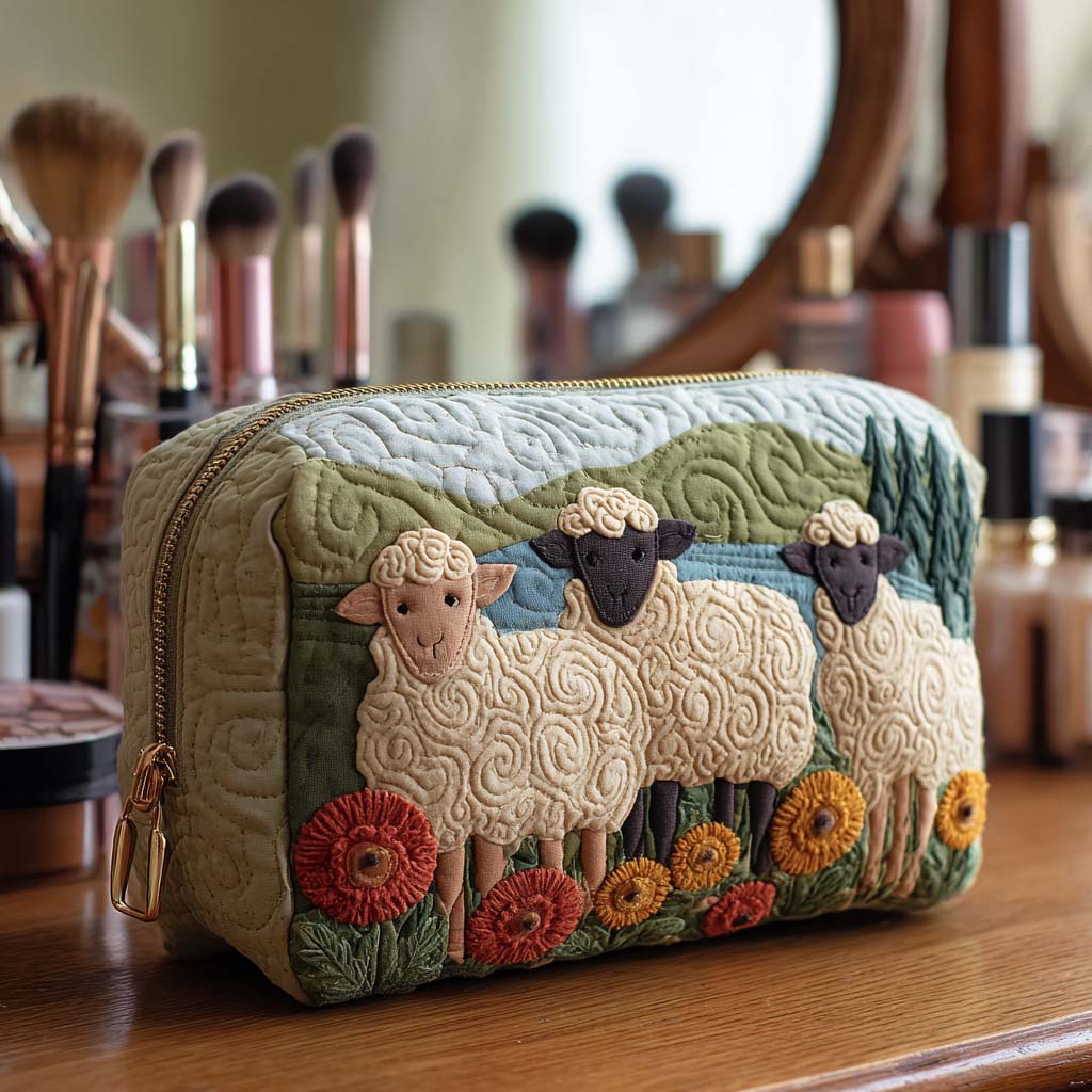 Front view of the Soraya quilted cosmetic organizer bag in a pecora al pascolo print, showcasing its textured surface.