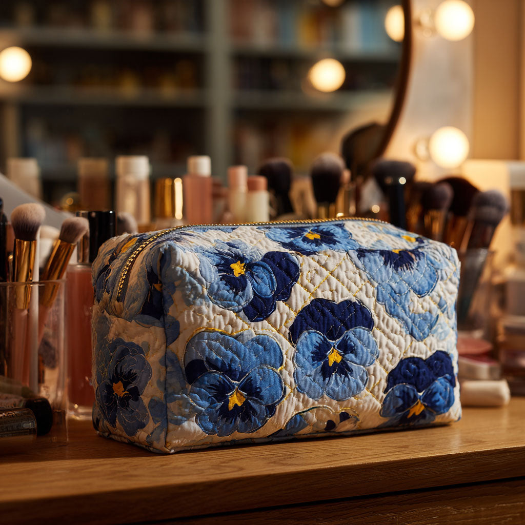 Front view of the Soraya quilted cosmetic bag in a viole del pensiero print, showcasing its elegant design and texture.