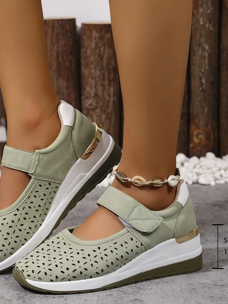 Close-up detail of the breathable material and hook-and-loop closure on the Soraya comfort arch support sandals.